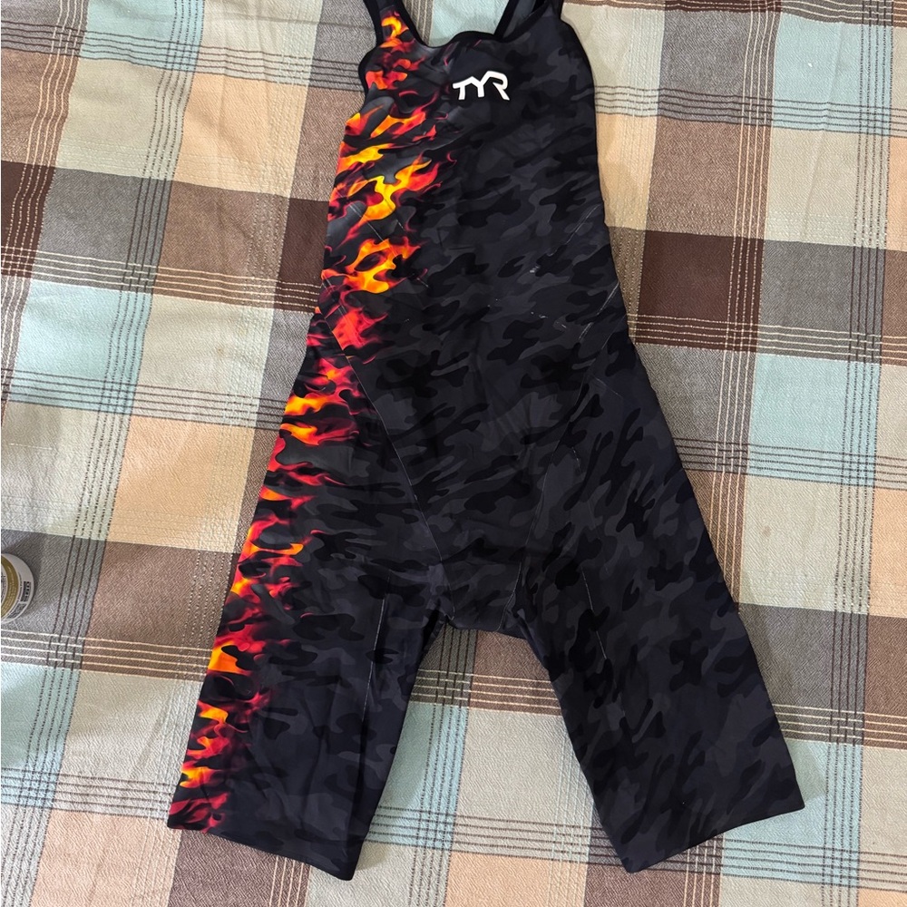 TYR Black Camo Racing Suit with Red, Orange & Yellow Flame Accent